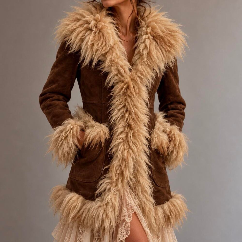 Vintage 70s Mongolian Genuine Sheepskin & Shearling Penny Lane Afghan Coat XS/S